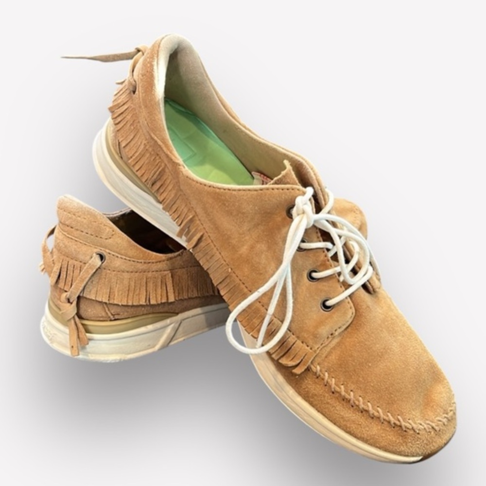 Reef Women's Suede Fringe Sneakers in Tan and White